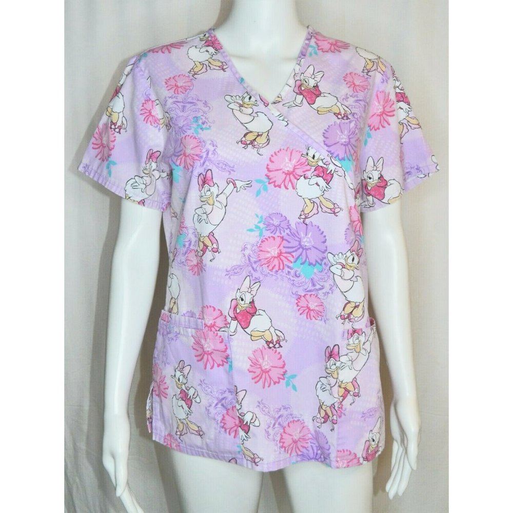 Disney Floral Daisy Duck Scrub Top Medical Nurse Uniform Lavender Pink Size S